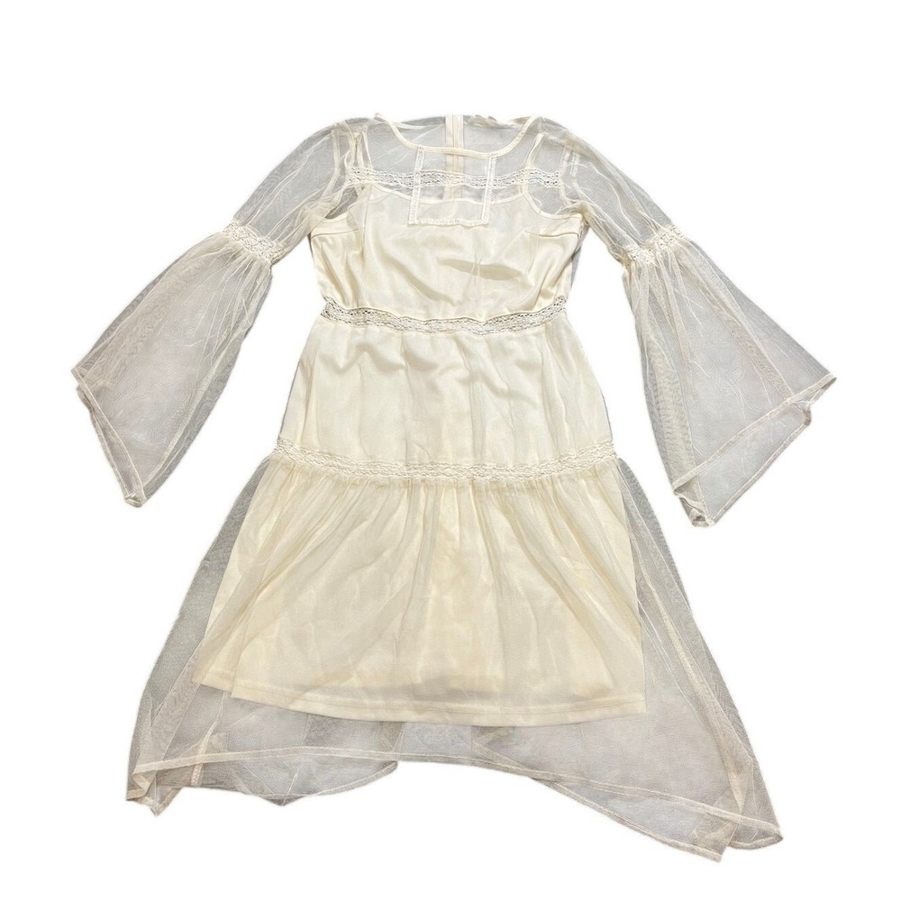 Altar'd State Dress Womens Medium Cream Boho Mesh Lace Bell Sleeve Tiered Mini